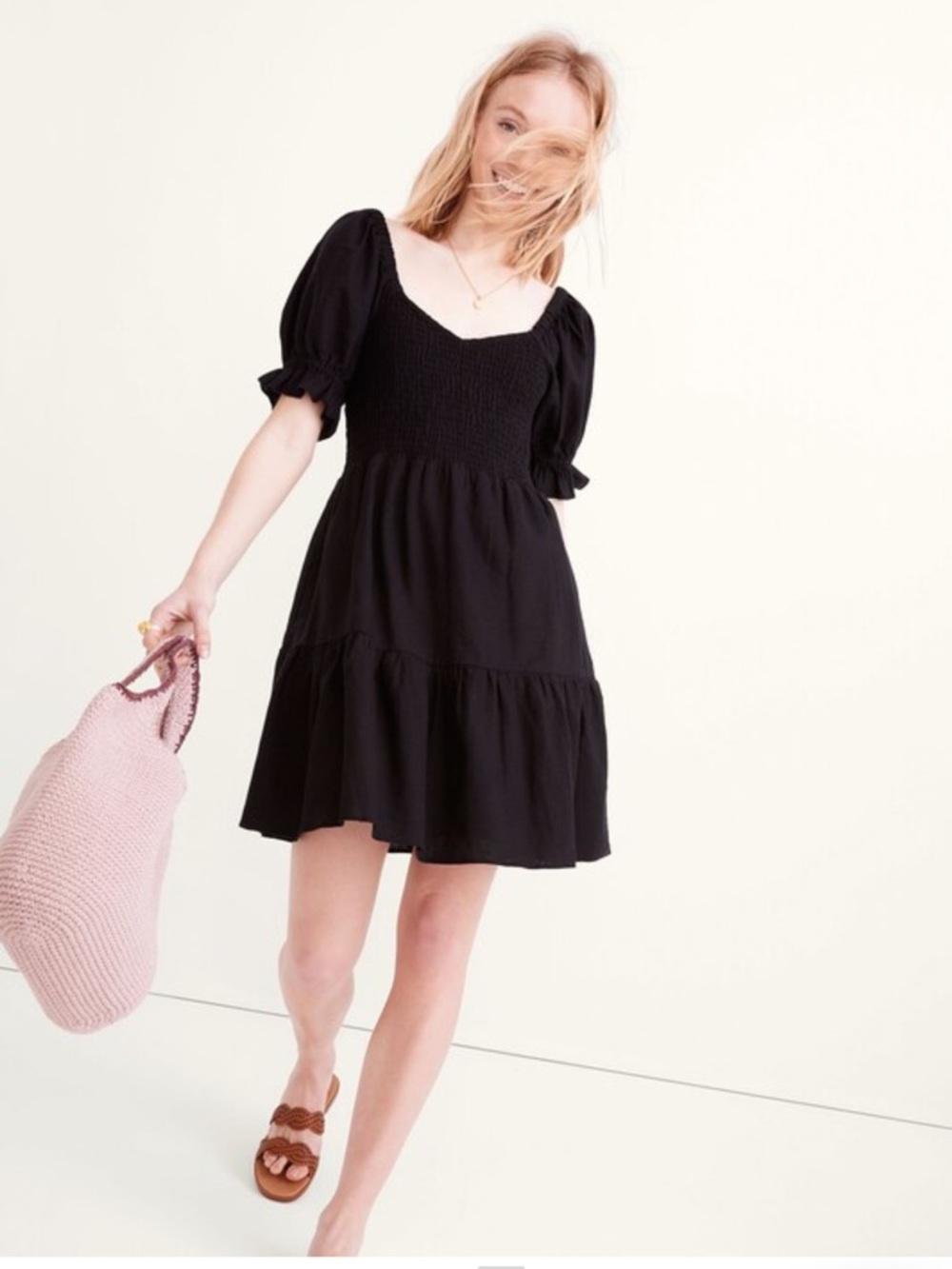 Madewell Linen blend Lucie smocked mini tiered black dress Medium